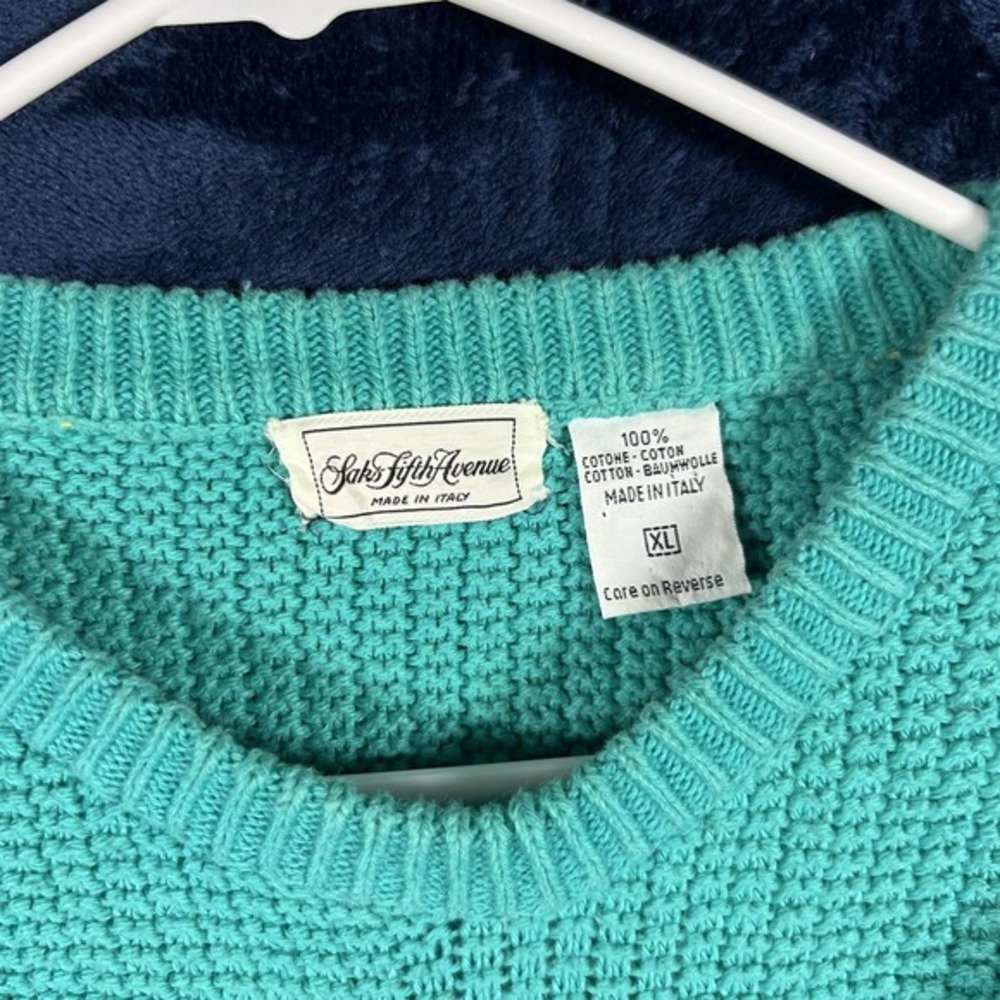 Vintage Saks Fifth Av Teal Sweater Made In Italy XL White Snowflake Pattern - Picture 6 of 15